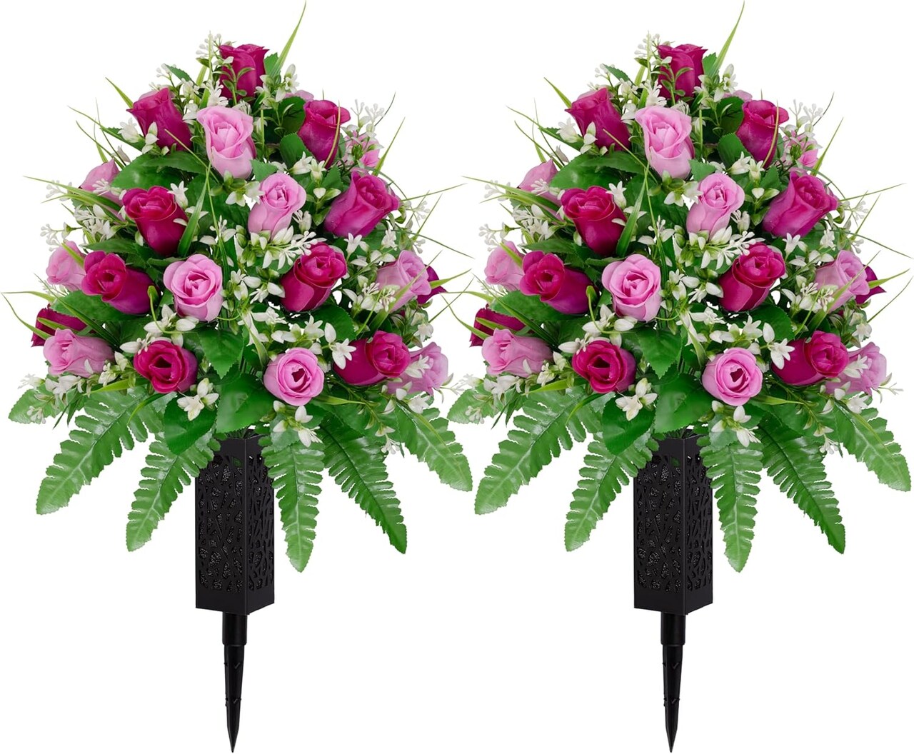 2 Sets Artificial Cemetery Flowers – Realistic Purple & Pink Rose Bouquets with Long Nail Vases, Non-Bleed Colors, Outdoor Grave Decorations for Memorials